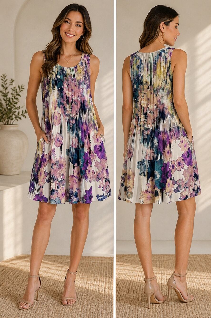 Ivy + Blu Floral Pleated Sleeveless Swing Dress Pockets Size 0